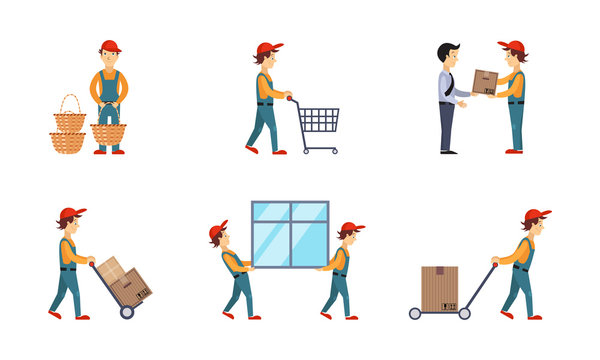 Courier or delivery men set, workers delivering orders, boxes, parcels, express delivery service concept vector Illustration on a white background