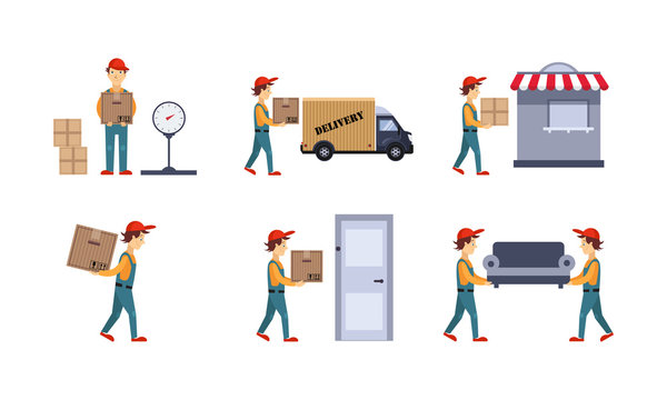Courier or delivery men set, workers delivering boxes, parcels, express delivery service concept vector Illustration on a white background