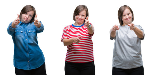 Collage of down sydrome woman over isolated background pointing fingers to camera with happy and funny face. Good energy and vibes.