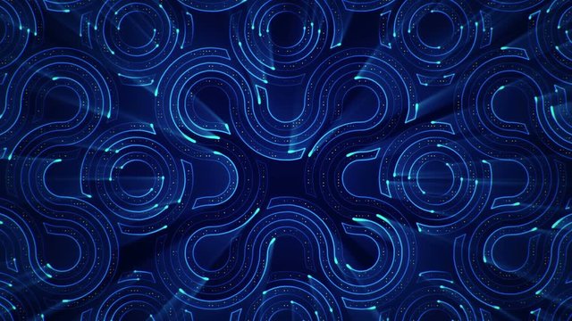 Abstract technologic background with stripes and particles. Animation of circuit electric signal with light shine. Animation of seamless loop.