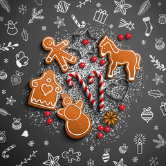 Christmas theme with white doodles and gingerbread
