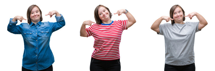 Collage of down sydrome woman over isolated background smiling confident showing and pointing with...