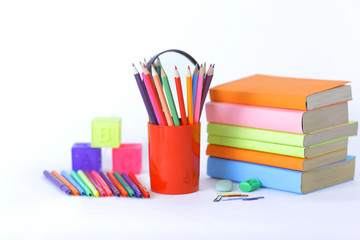 magnifier, paper clip and school supplies on white background .photo with copy space