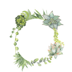 Watercolor round frame of cacti and succulents.