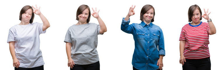 Collage of down sydrome woman over isolated background smiling positive doing ok sign with hand and fingers. Successful expression.
