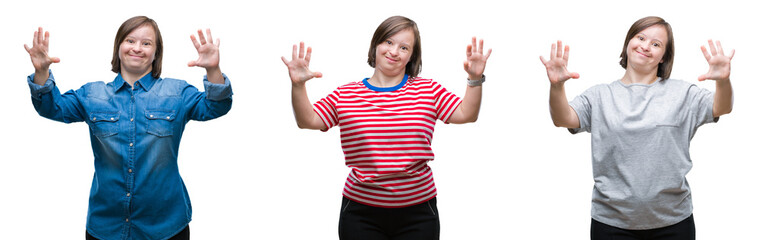 Collage of down sydrome woman over isolated background showing and pointing up with fingers number ten while smiling confident and happy.