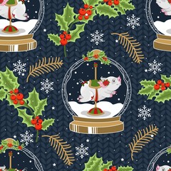 Seamless pattern with Christmas pig on winter background. For printing on fabric, postcards, paper. Vector illustration.