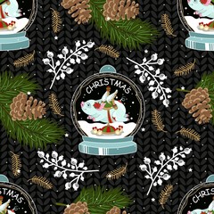 Seamless pattern with Christmas pig on winter background. For printing on fabric, postcards, paper. Vector illustration.