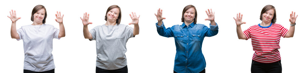 Collage of down sydrome woman over isolated background showing and pointing up with fingers number...