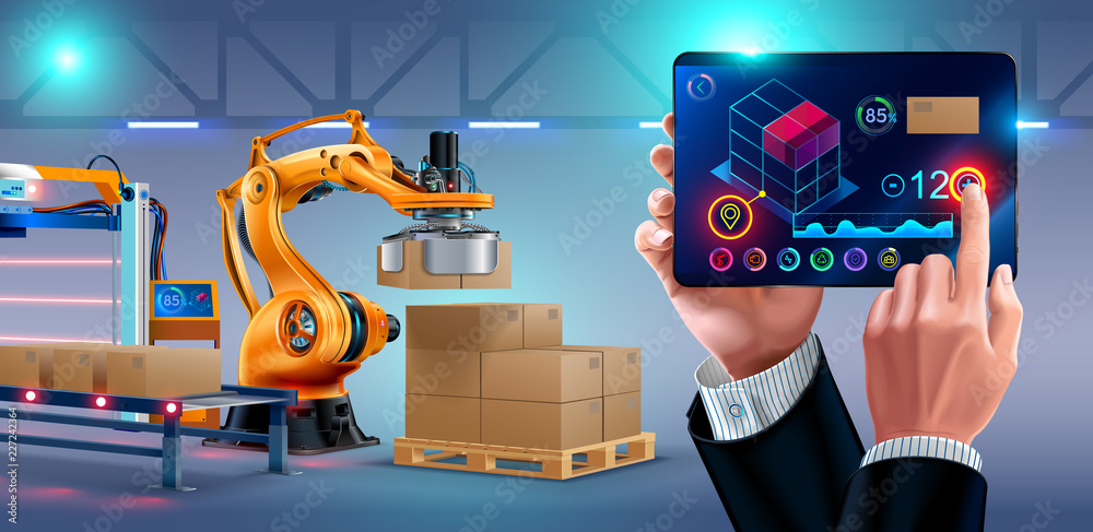 Poster Automation of warehouse on smart factory, the robotic arm loading boxes on pallets. The application on the tablet manages the logistics of the plant. businessman holding a tablet