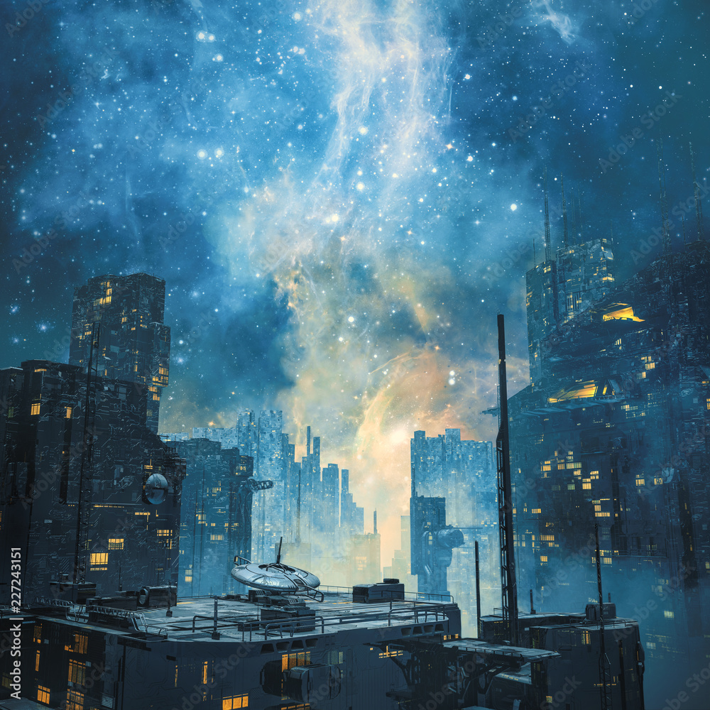 Wall mural galactic space colony by night / 3d illustration of dark futuristic science fiction city under a glo