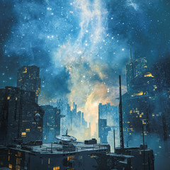 Naklejka premium Galaktyczna kolonia przestrzeni nocą / 3D ilustracja ciemnego futurystycznego miasta science fiction pod świecącą galaktyką na niebie