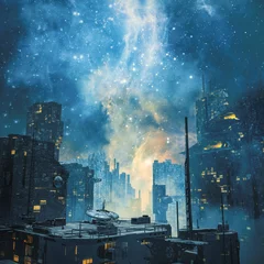  Galactische ruimtekolonie bij nacht/3D illustratie van donkere futuristische sciencefictionstad onder een gloeiend sterrenstelsel aan de hemel © grandeduc