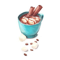 Watercolour hand painted illustration of hot chocolate with cinnamon marshmallow coffee and caramel in turquoise cup. Hot and warm drinks. Use for cover, card, design and decoration, sweet drinks.