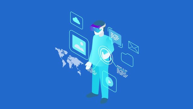 Man in VR glasses working HUD holographic interface looped video with alpha. Male touching touch screen. Virtual Augmented Reality Games Isometric flat seamless looping animated concept.
