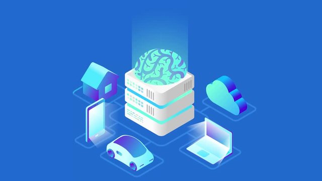 Artificial Intelligence digital Brain future technology flat isometric seamless looping animated concept. Laptop Electric Car Smartphone Brain House objects of AI.

