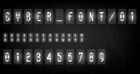 Futuristic vector Font design. Letters and Numbers for web and app. Techno font alphabet. Digital hi-tech symbols for HUD interface and cyberspace. Set of numbers and symbols for lamp o'clock