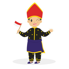 Happy Indonesian boy wearing West Nusa Tenggara traditional dress and holding an Indonesian flag cartoon vector