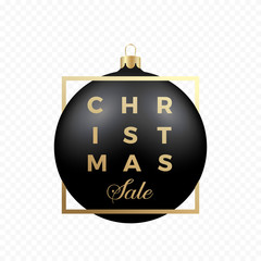 Obraz premium Christmas Sale Banner or Sticker. Black Ball on Transparent Background with Golden Modern Typography.