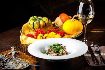 Veal Salad. Autumn composition with pumpkin. halloween