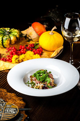 Veal Salad. Autumn composition with pumpkin. halloween