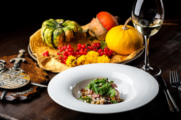 Veal Salad. Autumn composition with pumpkin. halloween