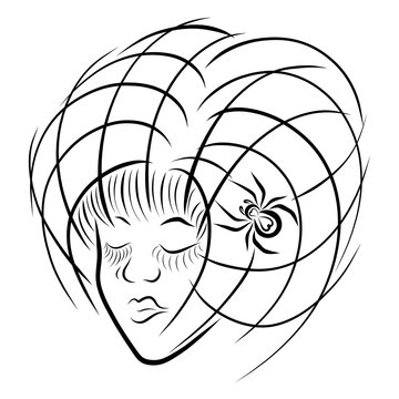 Creative image, girl with a hairstyle in the form of a web with a spider hairpin