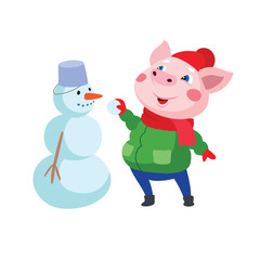 A pig in warm clothes and a snowman.
