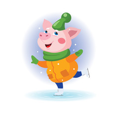 Cute pig in a hat and jacket skates.