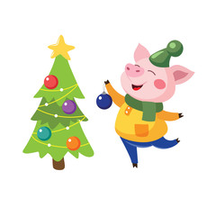Pig in a hat and a sweater with a Christmas tree.