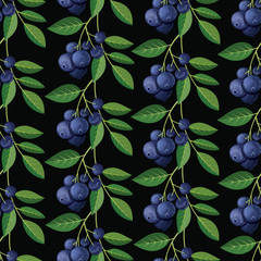 Seamless pattern with blueberries and sprigs. Vector