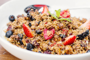 Homemade granola with honey, seeds, dried fruits, nuts and fresh berries served in a white bowl. Sweet breakfast