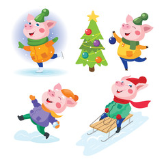 Obraz na płótnie Canvas New Year set with pigs, the symbol of 2019.