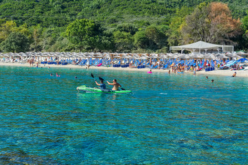Fototapeta premium Olympiada, Greece - August 18, 2018: Proti Ammoudia beach, one of the most beautiful beaches in the Aegean Sea.
