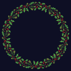 Christmas Hand Drawn Wreath with Round Frame for Cards Design Vector Layout with Copyspace Can be use for Decorative Kit, Invitations, Greeting Cards, Blogs, Posters, Merry X’mas and Happy New Year.