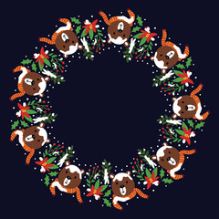 Christmas Hand Drawn Wreath with Round Frame for Cards Design Vector Layout with Copyspace Can be use for Decorative Kit, Invitations, Greeting Cards, Blogs, Posters, Merry X’mas and Happy New Year.