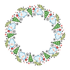 Christmas Hand Drawn Wreath with Round Frame for Cards Design Vector Layout with Copyspace Can be use for Decorative Kit, Invitations, Greeting Cards, Blogs, Posters, Merry X’mas and Happy New Year.