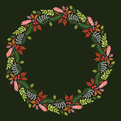 Christmas Hand Drawn Wreath with Round Frame for Cards Design Vector Layout with Copyspace Can be use for Decorative Kit, Invitations, Greeting Cards, Blogs, Posters, Merry X’mas and Happy New Year.