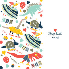 Beautiful happy birthday greeting card with dinosaur.