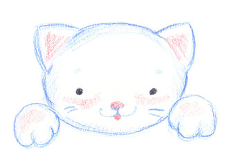 Portrait of a cute white cartoon cat hand drawn with pencil on clean white background