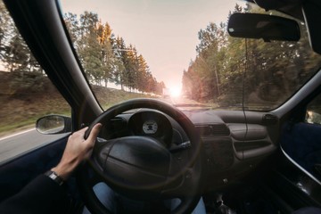 car trip behind the wheel. trip to nature.