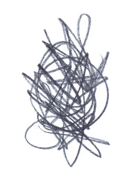 Chaotic black scribbles and lines hand drawn with pencil on clean white background