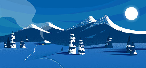 Blue winter night landscape with mountains and snow.