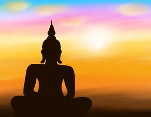 Digatal hand drawn illustration with buddha statue on sunset background, sunset, silhouette style