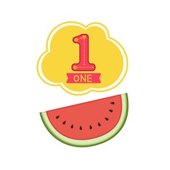 Kids learning material. Card for learning numbers. Number 1. Cartoon watermelon.