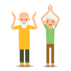 Old people doing exercises. Sport for elderly person. Elderly man and woman doing yoga workout. Activity lifestyle retiree. Illustration of people characters isolated in flat style