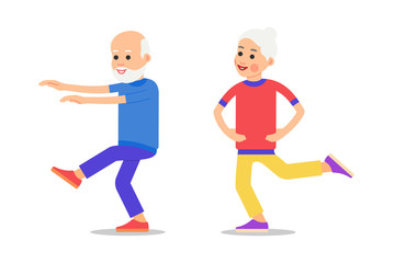 Old people doing exercises. Healthy lifestyle. Sport for pensioners. Couple of older people in different gymnastic poses. Illustration of people characters isolated on white background in flat style