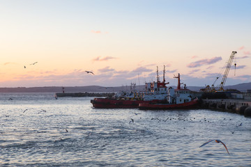 Ships and fishing boats are moored in docks.