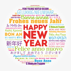 Happy New Year in different languages, celebration word cloud greeting card