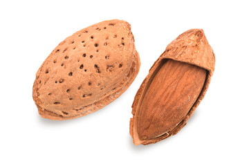 Almond unpeeled salted closed up isolated on white
